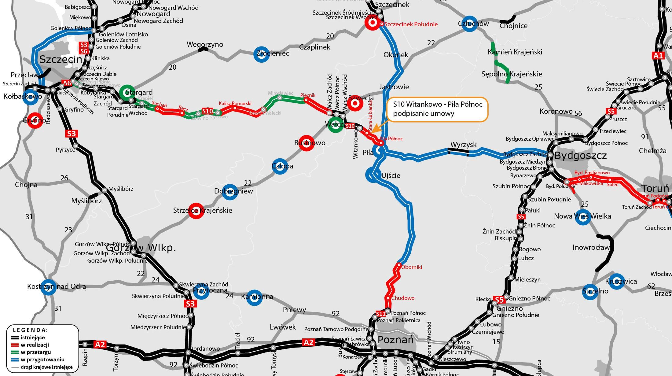 Na czerwono zaznaczone są odcinki S10 w realizacji