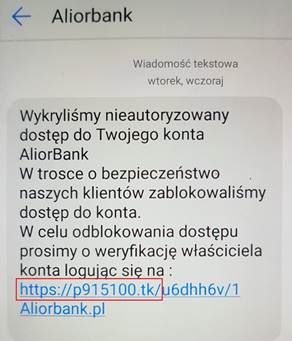 Fałszywy SMS. Źródło: Alior Bank