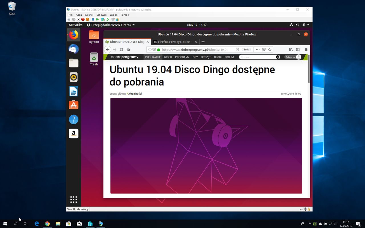 Ubuntu 19.04 uruchomione przez Hyper-V