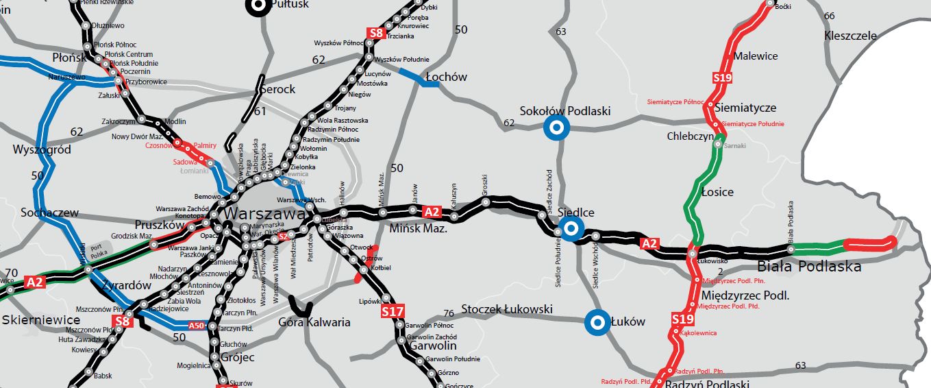 Autostrada A2 od Warszawy na wschód na mapie (na czarno gotowe