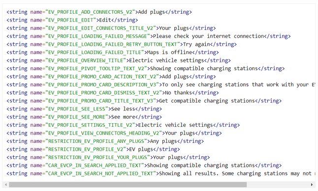 Szereg niewykorzystanych jeszcze łańcuchów znaków w Mapach Google, źródło: XDA Developers.