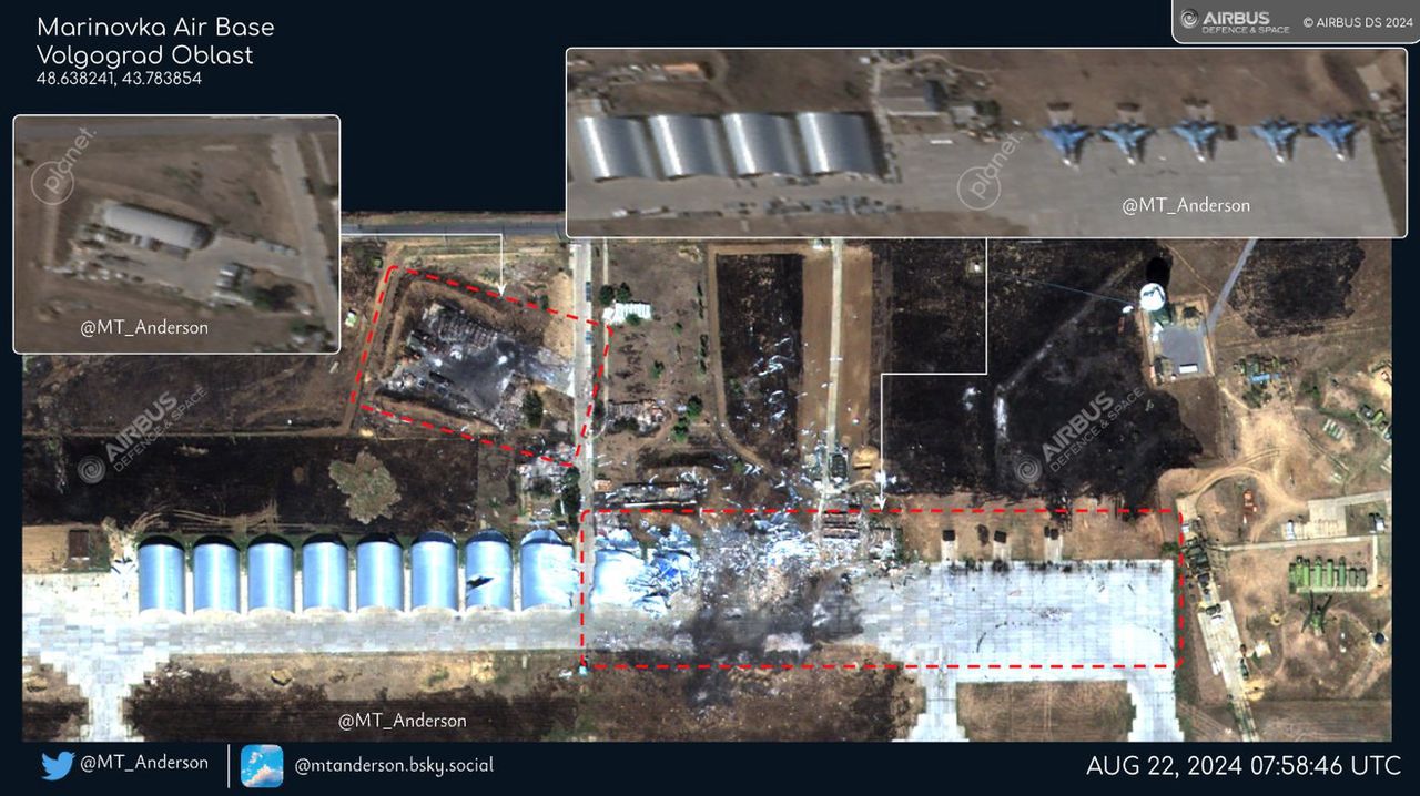 The effects of the Ukrainian drone attack on Marinowka airport.