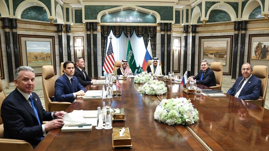 RIYADH, SAUDI ARABIA -  FEBRUARY 18: (----EDITORIAL USE ONLY - MANDATORY CREDIT - 'RUSSIAN FOREIGN MINISTRY / HANDOUT' - NO MARKETING NO ADVERTISING CAMPAIGNS - DISTRIBUTED AS A SERVICE TO CLIENTS----) Saudi Foreign Minister Faisal bin Farhan Al Saud (4th L), Russian Foreign Minister Sergey Lavrov (R) , Russian President Vladimir Putin's Foreign Policy Advisor Yuri Ushakov (2nd R), US Secretary of State Marco Antonio Rubio (2nd L), US National Security Adviser Mike Waltz (3rd L) and US Special Envoy for the Middle East Steve Witkoff (L) attend a meeting between Russia and the US, aimed at mending relations between the two nations and addressing the conflict in Ukraine, on February 18, 2025 in Riyadh, Saudi Arabia. Talks between Russia and the US, aimed at mending relations between the two nations and addressing the conflict in Ukraine, began in Saudi Arabia's capital Riyadh on Tuesday, according to Russian media. Ahead of the main round of talks, representatives of the two countries had informal contacts, Kirill Dmitriev, head of the Russian Direct Investment Fund and a member of the Russian delegation told reporters. (Photo by Russian Foreign Ministry / Handout/Anadolu via Getty Images)