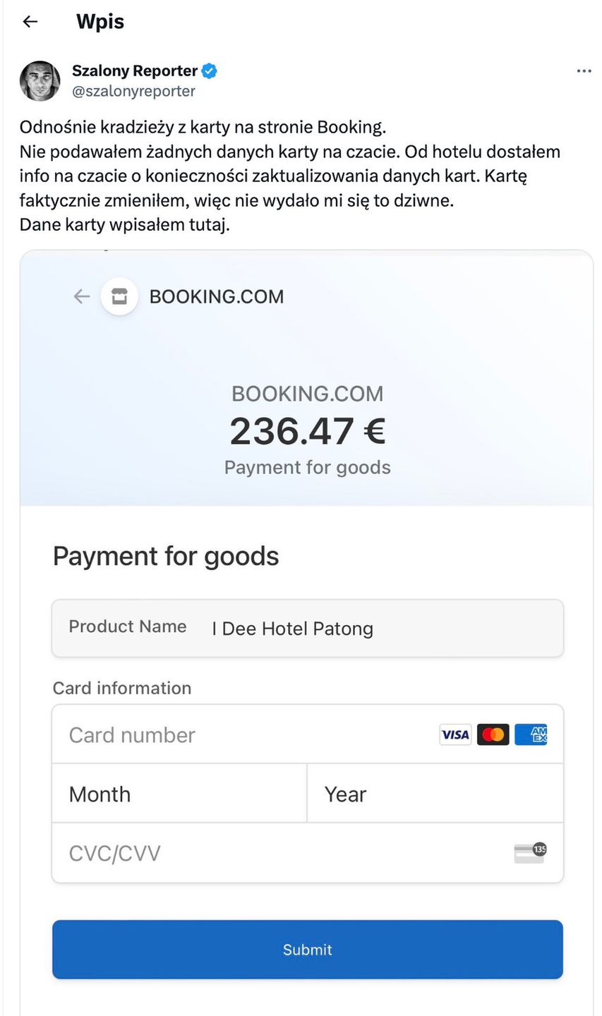 Szalony Reporter opublikował zrzut ekranu z formularza w którym wprowadzał dane swojej karty