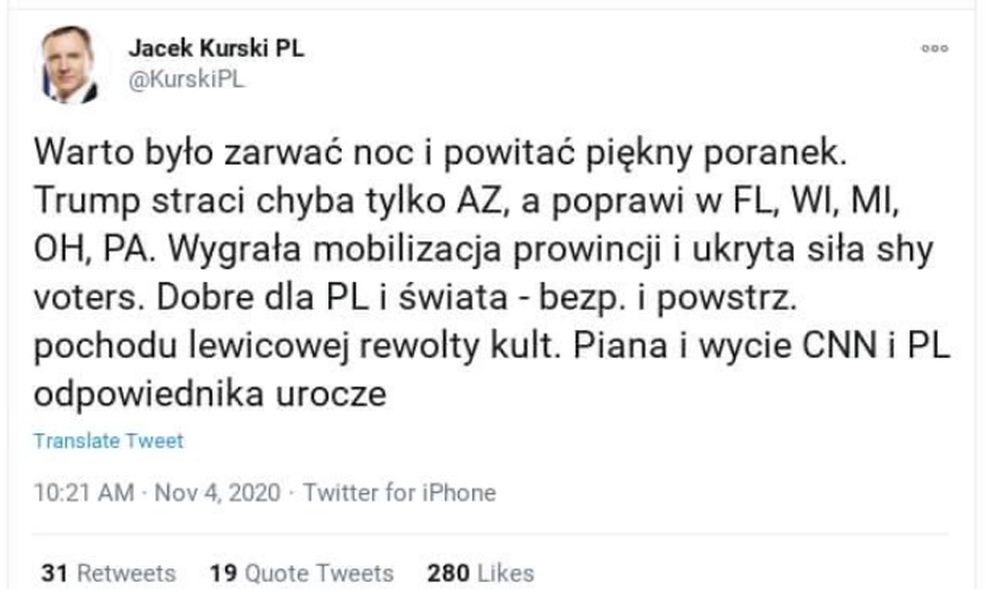 Jacek Kurski przedwcześnie ogłosił zwycięstwo Donalda Trumpa