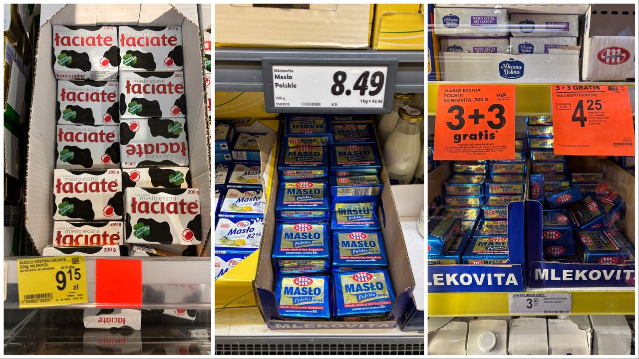 Ceny masła. Kolejno: Carrefour, Lidl, Biedronka