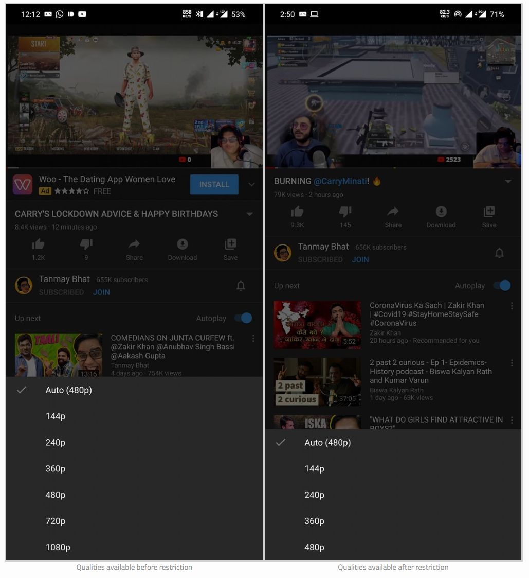 YouTube na Androida przed i po nałożeniu ograniczenia, źródło: XDA Developers.