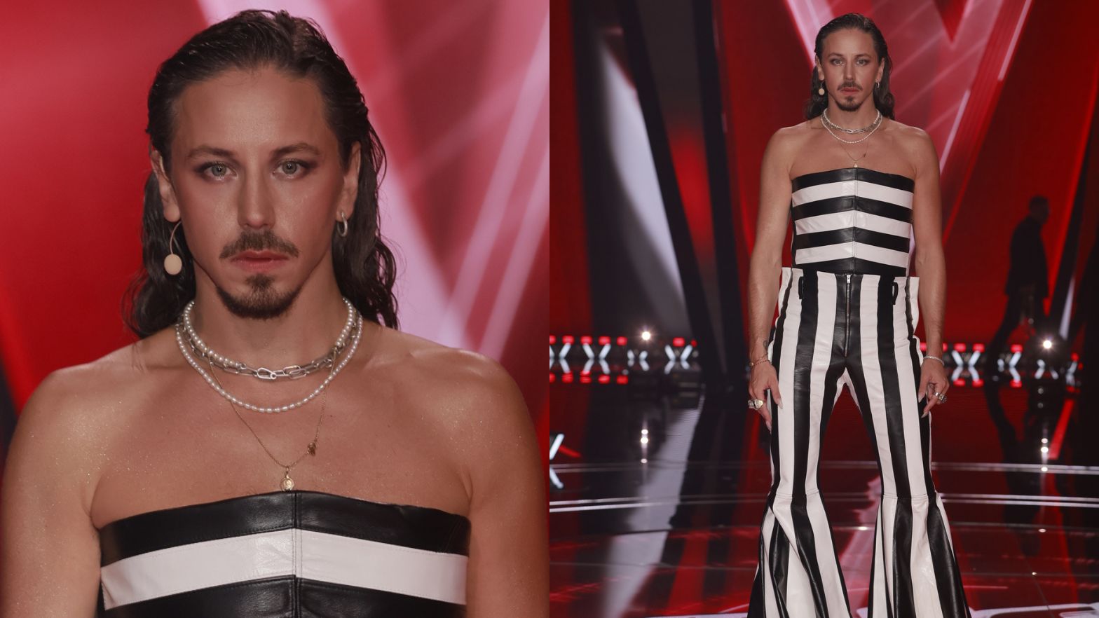 Michał Szpak pozuje w pasiastej skórze na planie "TVoP"