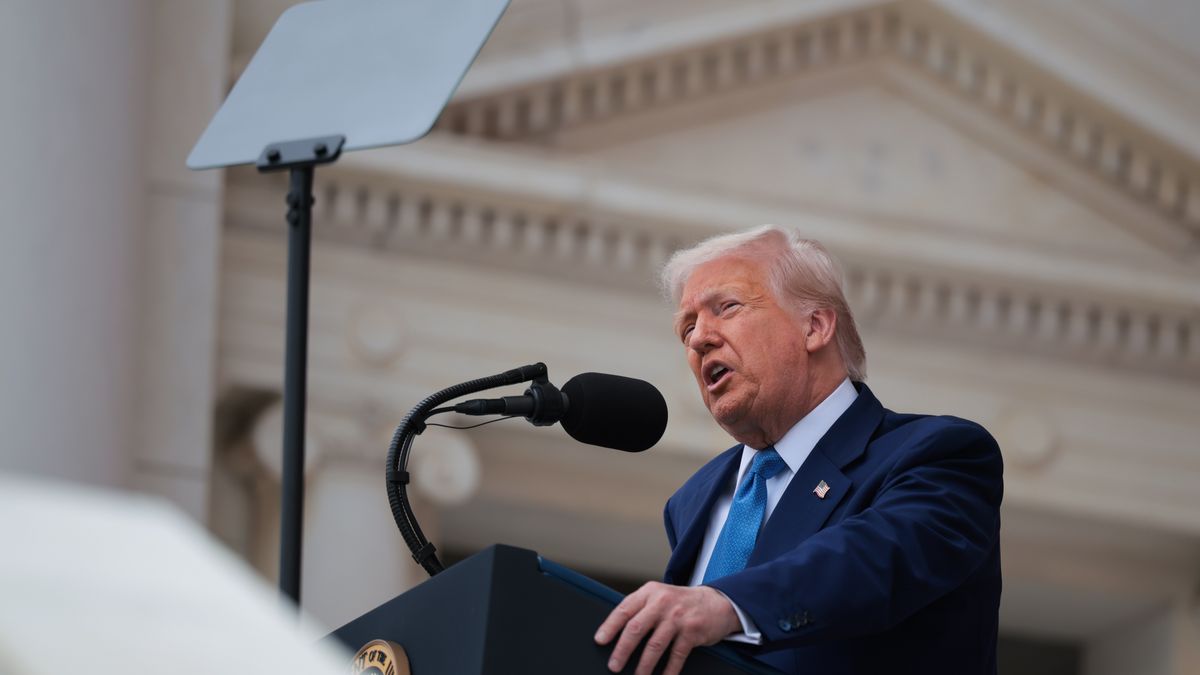 ARLINGTON, VIRGINIA - MAY 26: U.S. President Donald Trump speaks during the Memorial Day wreath-laying ceremony at the at the Tomb of the Unknown Soldier at Arlington National Cemetery on May 26, 2025 in Arlington, Virginia. Memorial Day is observed on the last Monday in May each year to honor and mourn U.S. military personnel who died while serving in the United States Armed Forces. (Photo by Kayla Bartkowski/Getty Images)