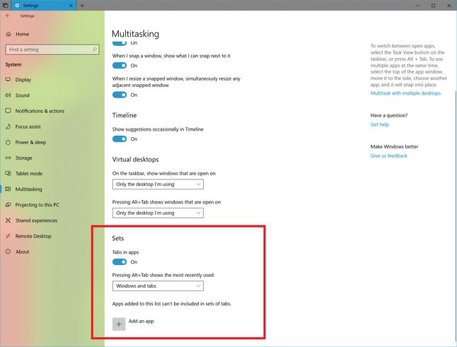 Nowe ustawienia kart Sets. Źródło: Windows Blogs.