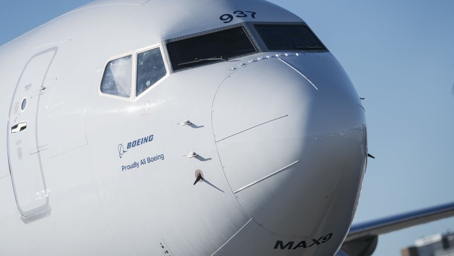 An Alaska Airlines Boeing 737 Max-9 aircraft grounded at Los Angeles International Airport (LAX) in Los Angeles, California, US, on Monday, Jan. 8, 2024. Boeing Co. took the first step toward returning its grounded 737 Max 9 jetliners to service, issuing guidance to airlines on the inspections required following a mid-air structural failure late last week. Photographer: Eric Thayer/Bloomberg via Getty Images