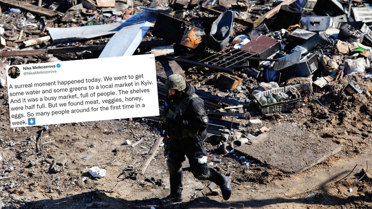 Dziennikarka opisała sytuację, której świadkiem była w niedzielę w Kijowie. Na zdjęciu poglądowym ukraiński policjant na terenie, na którym zniszczono jeden ze stołecznych bloków 