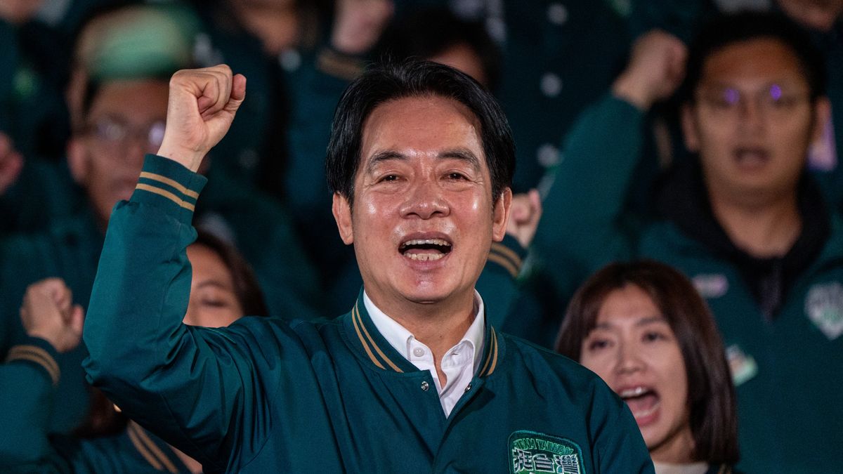 Lai Ching-te is waving on stage after being elected the next president of Taiwan during a rally for the Democratic Progressive Party in New Taipei City, Taiwan, on January 13, 2024. (Photo by Vernon Yuen/NurPhoto via Getty Images)
