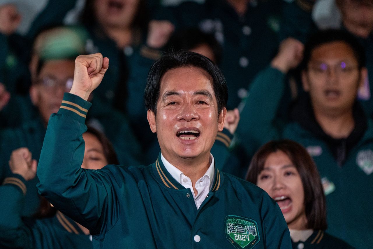 Lai Ching-te became the new president of Taiwan. At the victorious rally, he spoke about democracy (Photo by Vernon Yuen/NurPhoto via Getty Images).