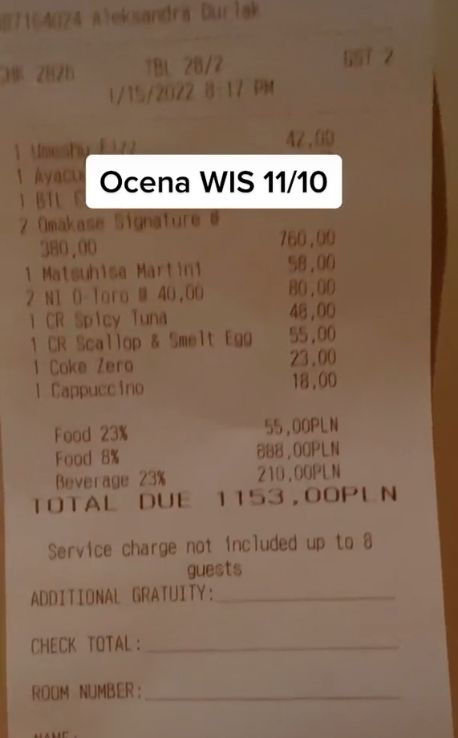 Paragon z warszawskiej restauracji. 