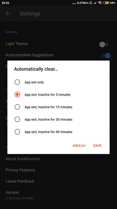 Automatyczne czyszczenie danych przeglądania w DuckDuckGo