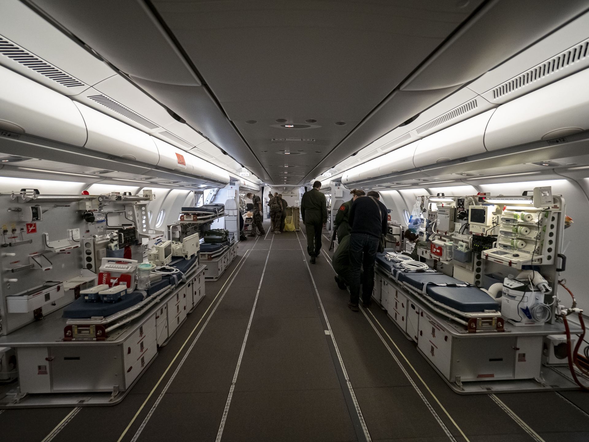 ISTRES, FRANCE - NOVEMBER 05: Crew from the French Air Force train onboard an Airbus 330 MRTT in a 'Morphee' configuration, in preparation for the evacuation of a Covid-19 patient on November 05, 2020 in Istres, France. The 'morphee' configuration makes it possible to transport 6 patients in intensive care at the same time. During the first wave of Covid-19, the air force evacuated 36 patients onboard these planes. (Photo by Arnold Jerocki/Getty Images)