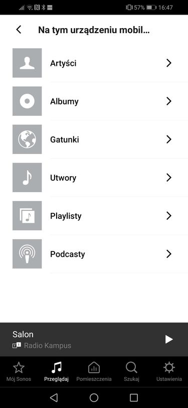 Przeglądarka plików na urządzeniu mobilnym w aplikacji Sonos