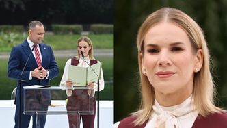 Marta Nawrocka w koszuli z kokardą i bordowym garniturze pojawiła się na Narodowym Czytaniu w warszawskim Ogrodzie Saskim