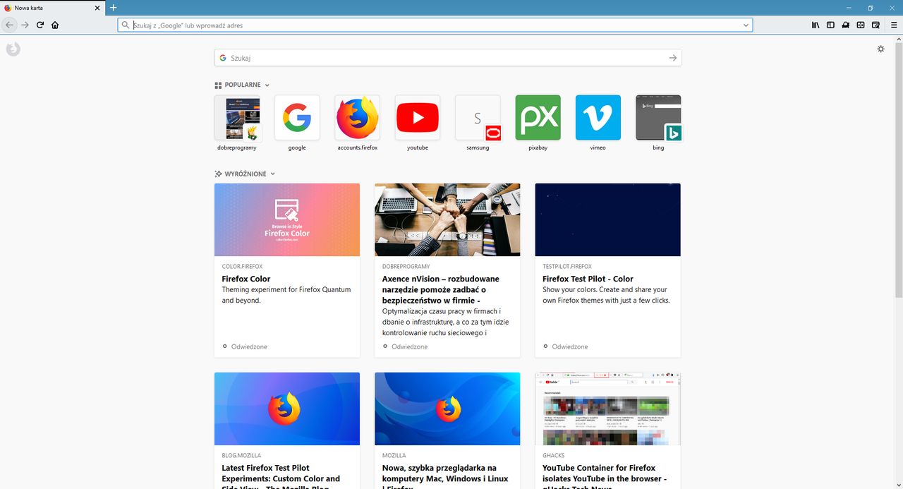 Nowa karta i nowe polecane artykuły w Firefoksie.