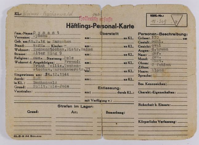 Karta urodzonego w Warszawie więźnia obozu Buchenwald. Na jej podstawie tworzono karty perforowane, pozwalające na maszynowe przetwarzanie danych.
