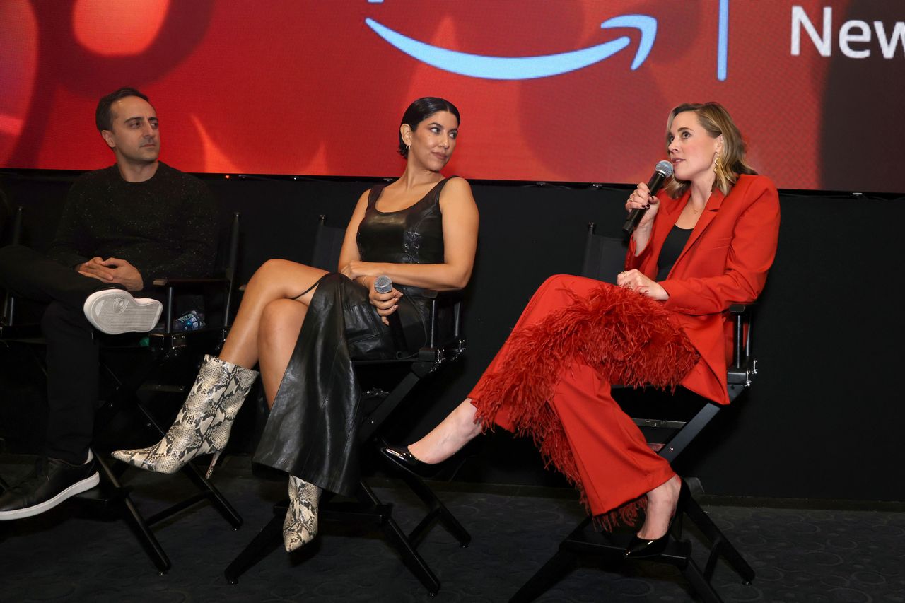 CULVER CITY, CALIFORNIA - JANUARY 17: (L-R) Amir Talai, Stephanie Beatriz, and Erika Henningsen speak during the "Hazbin Hotel" Los Angeles special screening at Culver Theater on January 17, 2024 in Culver City, California. (Photo by Anna Webber/Getty Images for Prime Video)