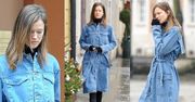 Kasia Struss moknie w dżinsowym płaszczu