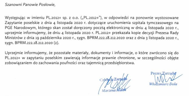 Odpowiedź spółki PL.2012+ na prośbę o materiały dotyczące budowy Szpitala Narodowego