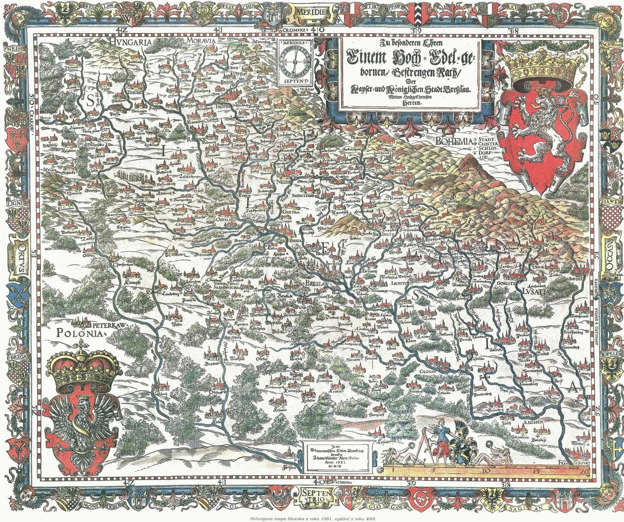 Pierwsza mapa Śląska, autorstwa Martina Helwiga, z 1561 r. Orientacja mapy jest odwrotna do powszechnej - Czechy są na górze, Polska na dole, Niemcy z prawej