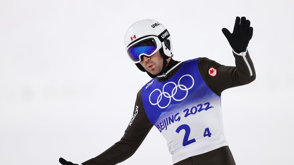 ZHANGJIAKOU, CHINA - FEBRUARY 07: Mackenzie Boyd-Clowes of Team Canada reacts after jumping during Mixed Team Ski Jumping Final Round at National Ski Jumping Centre on February 07, 2022 in Zhangjiakou, China (Photo by Cameron Spencer/Getty Images)