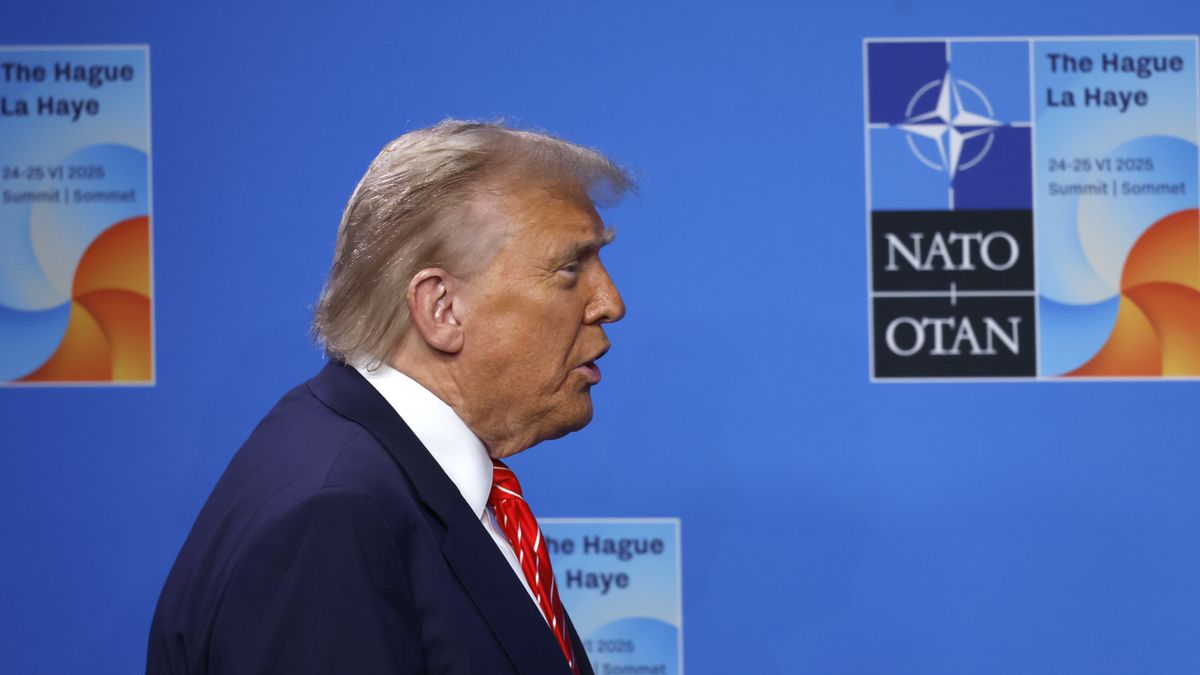 THE HAGUE, NETHERLANDS - JUNE 25: U.S. President Donald Trump arrives to be greeted by NATO Secretary General Mark Rutte and the Prime Minister of the Netherlands Dick Schoof on the second day of the 2025 NATO Summit on June 25, 2025 in The Hague, Netherlands. Among other matters, members are to approve a new defense investment plan that raises the target for defense spending to 5% of GDP. (Photo by Omar Havana/Getty Images)