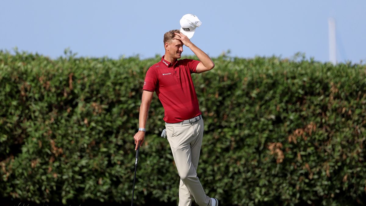 RAS AL KHAIMAH, UNITED ARAB EMIRATES - FEBRUARY 05: Adrian Meronk of Poland reacts after finishing his round on the 18th hole on Day Four of the Ras Al Khaimah Championship at Al Hamra Golf Club on February 05, 2023 in Ras al Khaimah, United Arab Emirates. (Photo by Warren Little/Getty Images)