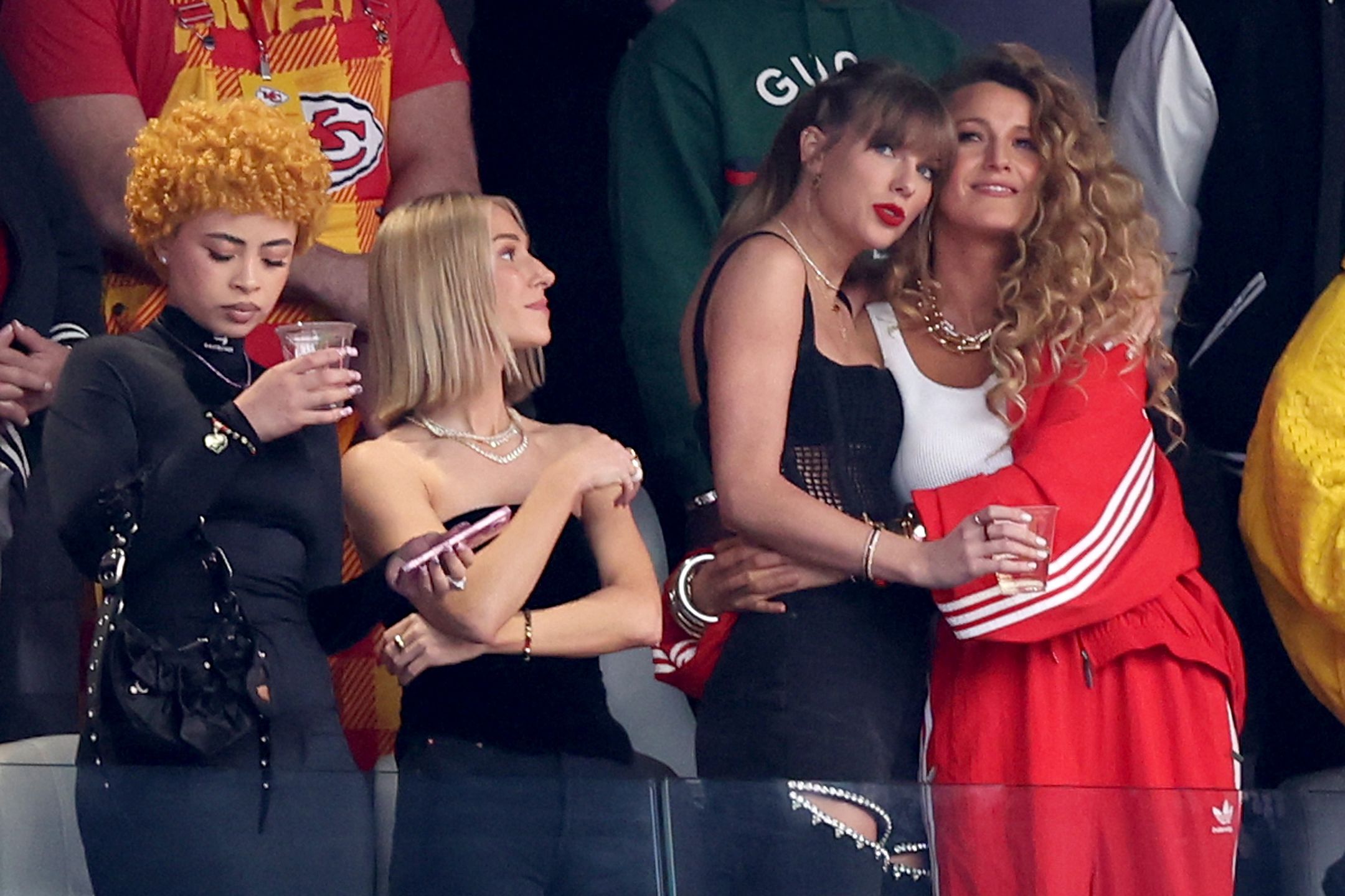 Super Bowl LVIII - San Francisco 49ers v Kansas City ChiefsLAS VEGAS, NEVADA - FEBRUARY 11: Rapper Ice Spice, singer Taylor Swift and actress Blake Lively prior to Super Bowl LVIII between the San Francisco 49ers and Kansas City Chiefs at Allegiant Stadium on February 11, 2024 in Las Vegas, Nevada. (Photo by Steph Chambers/Getty Images)Steph Chambersamerican football, bestof, topix