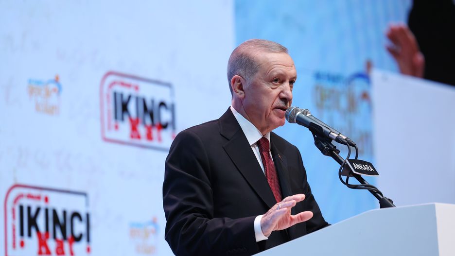 ANKARA, TURKIYE - DECEMBER 25: Turkish President Recep Tayyip Erdogan makes a speech during the Commemoration Days for Mehmet Akif Ersoy at ATO Congresium in Ankara, Turkiye on December 24, 2023. (Photo by Murat Kula/Anadolu via Getty Images)