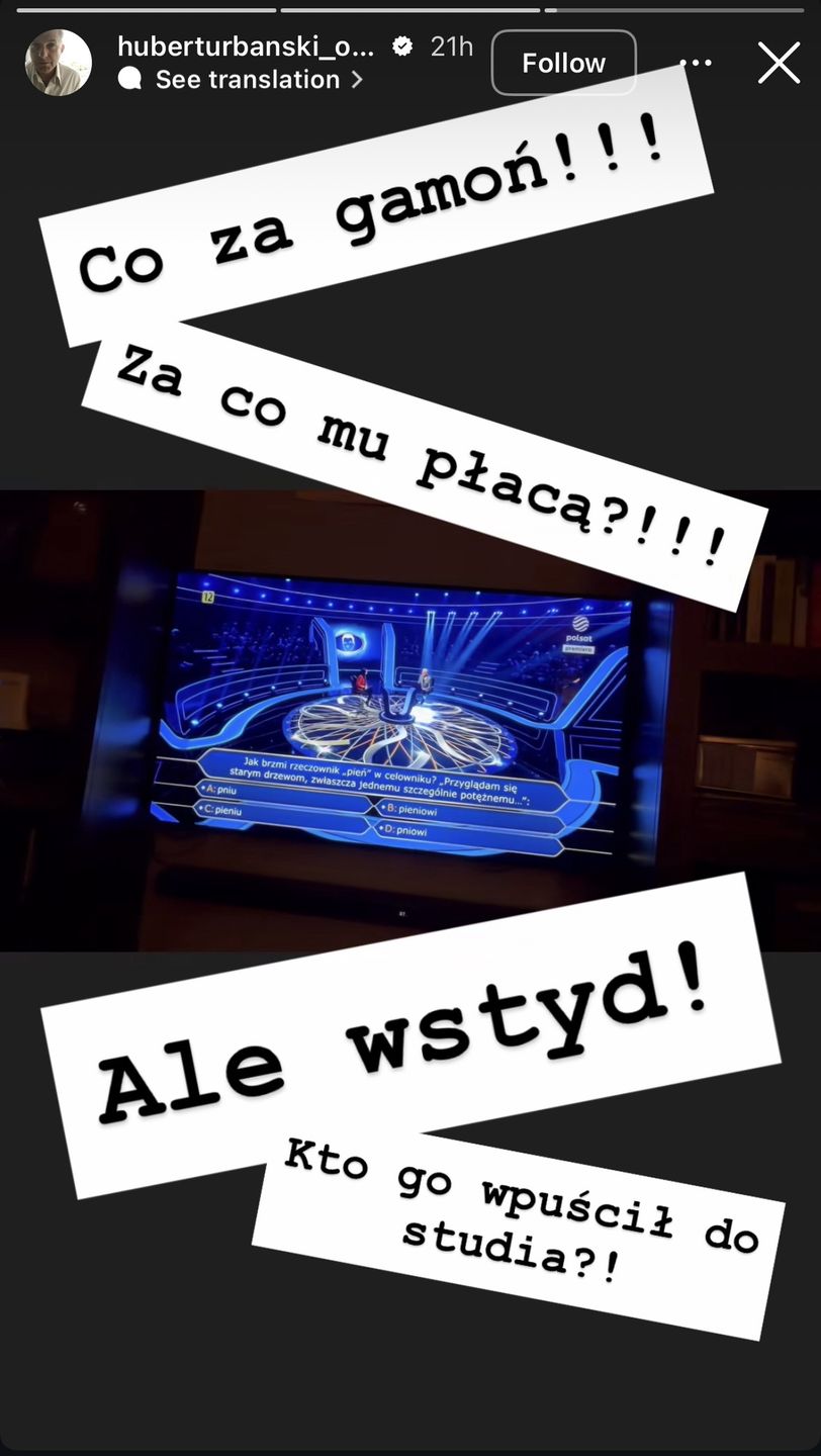 Hubert Urbański źle podpowiedział w „Milionerach”