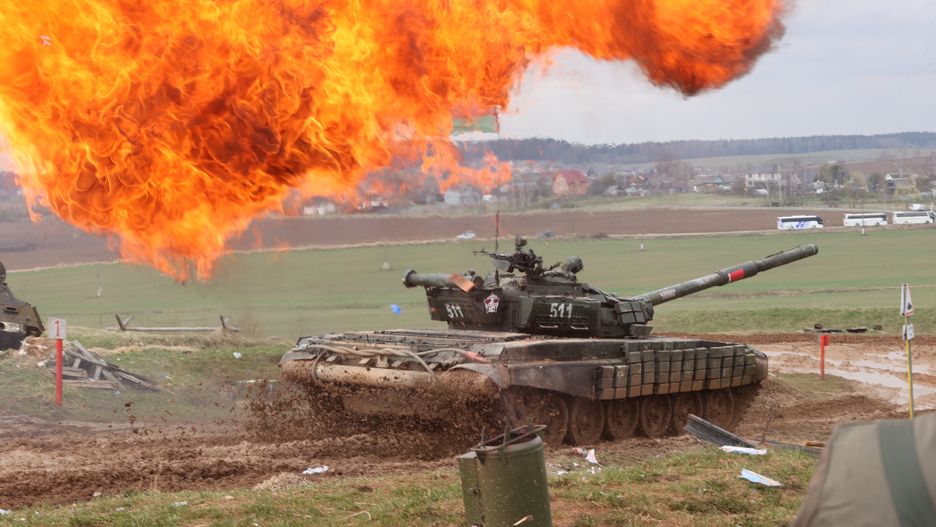 MINSK, BELARUS - APRIL 17: A photo shows an entertainment show "Tank Biathlon" T-72 held in the historical and cultural complex "Stalin's Line" with the support of the Ministry of Defense of the Republic of Belarus in Minsk, Belarus on April 17, 2021. (Photo by Stringer/Anadolu Agency via Getty Images)