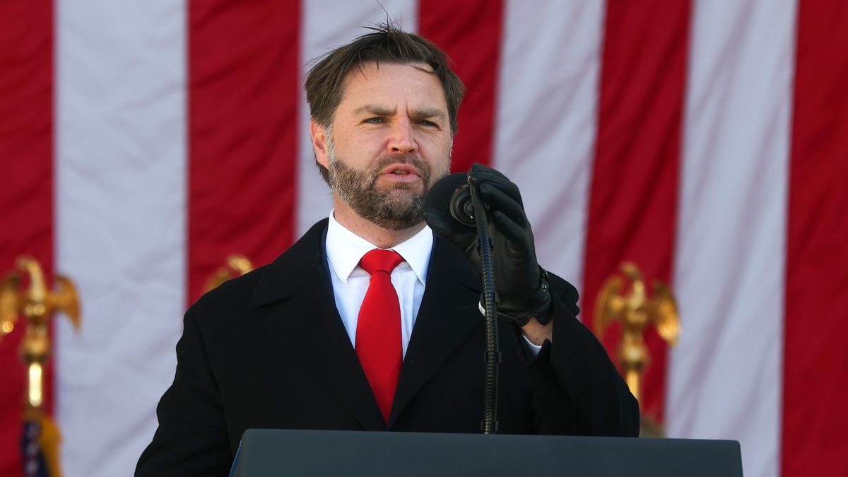 ARLINGTON, VIRGINIA - NOVEMBER 11: U.S. Vice President JD Vance speaks during a ceremony at Memorial Amphitheater at Arlington National Cemetery to mark Veterans Day on November 11, 2025 in Arlington, Virginia. Members of the Trump administration visited Arlington National Cemetery to observe the federal holiday honoring military service members. (Photo by Anna Moneymaker/Getty Images)