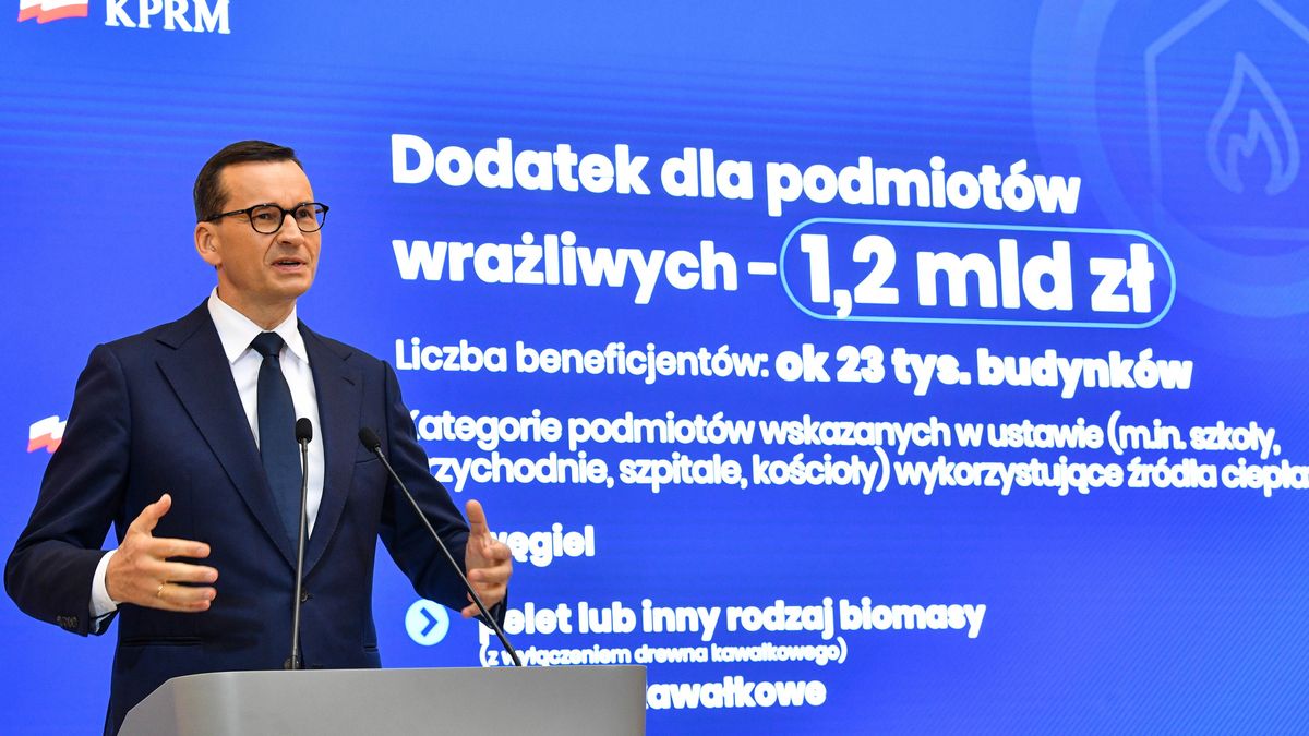 Na zdjęciu Mateusz Morawiecki przedstawiający pakiet osłonowy
