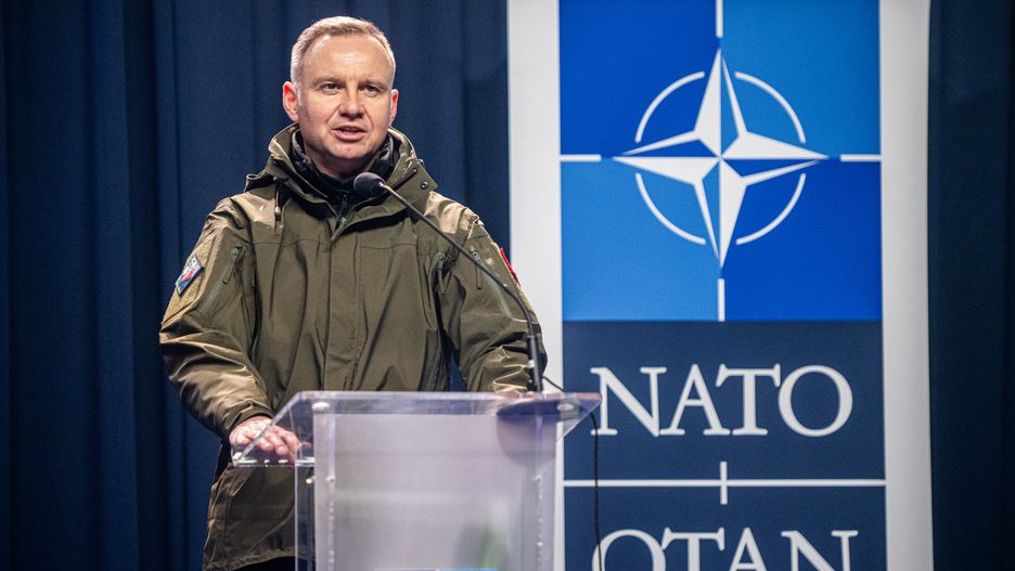 KORZENIEWO, POLAND - MARCH 5: President of Poland Andrzej Duda seen during the NATO Dragon 24 military exercise press conference on March 5, 2024 in Korzeniewo, Poland. Dragon 24 is a key element of NATO maneuvers as part of Steadfast Defender 24. About 20 thousand troops of 10 different countries take part of exercises. (Photo by Mateusz Slodkowski/DeFodi Images News via Getty Images)