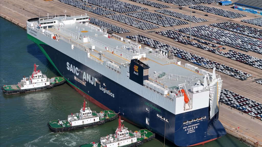 SAIC Anji ETERNITY Clean Energy Ro-Ro Ship
YANTAI, CHINA - MAY 15, 2024 - SAIC Anji ETERNITY, a clean energy ro-ro ship built by China's domestic automakers, arrives from the shipyard to load cars for export at Yantai Port in Yantai, Shandong province, China, May 15, 2024. With a total length of 199.9 meters and a load capacity of 7,000 cars, the ship is a new generation of environmentally friendly ships that use clean and environmentally friendly liquefied natural gas as the main fuel for the main engine and generators. (Photo credit should read CFOTO/Future Publishing via Getty Images)
CFOTO
trade, export, new energy