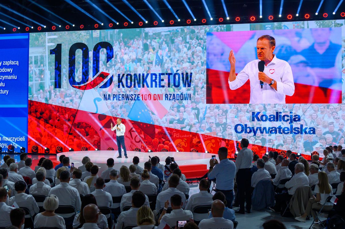 Kampania wyborcza do parlamentu 2023 trwa - Koalicja Obywatelska zorganizowała konwencję pod hasłem "100 konkretów na 100 dni" w Arenie Jaskółka w Tarnowie