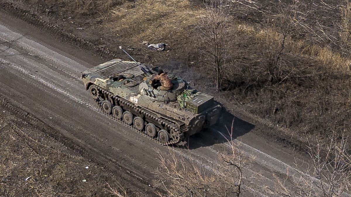 DONBAS REGION, UKRAINE, MARCH 17: An aerial view of a tank driving along the frontline north of Bakhmut, Ukraine on March 17, 2023. As the fight for Bakhmut continues, the Ukrainian government has send reinforcements in order to hold the city against the Russian forces. (Photo by Ignacio Marin/Anadolu Agency via Getty Images)
