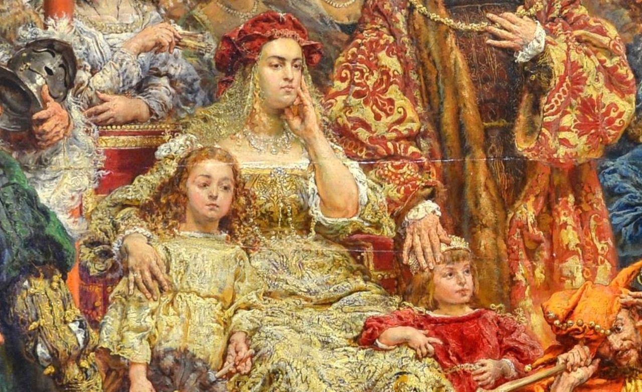 Jan Matejko, Zawieszenie dzwonu Zygmunta (fragment, na którym widoczna jest królowa Bona)

