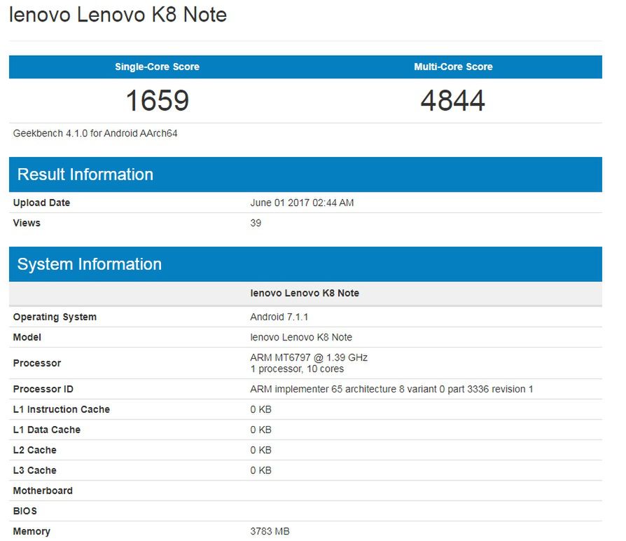 Lenovo K8 Note w bazie Geekbench