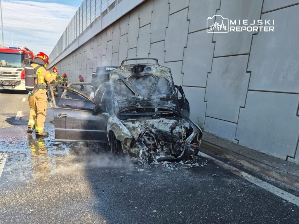 Strażak w mundurze gaśniczym przeszukuje spaloną osobówkę na pasie ruchu, obok widoczny wóz strażacki.