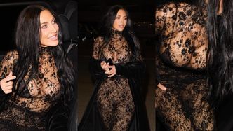 Kim Kardashian kusi biustem w koronkowej kreacji. Wyszlibyście w takich koronkach na mróz? (ZDJĘCIA)