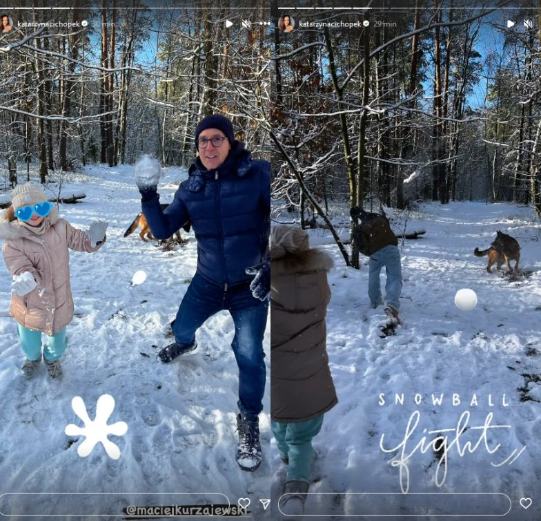 Katarzyna Cichopek i Maciej Kurzajewski urządzają bitwę na śnieżki z dziećmi celebrytki i psem Bono