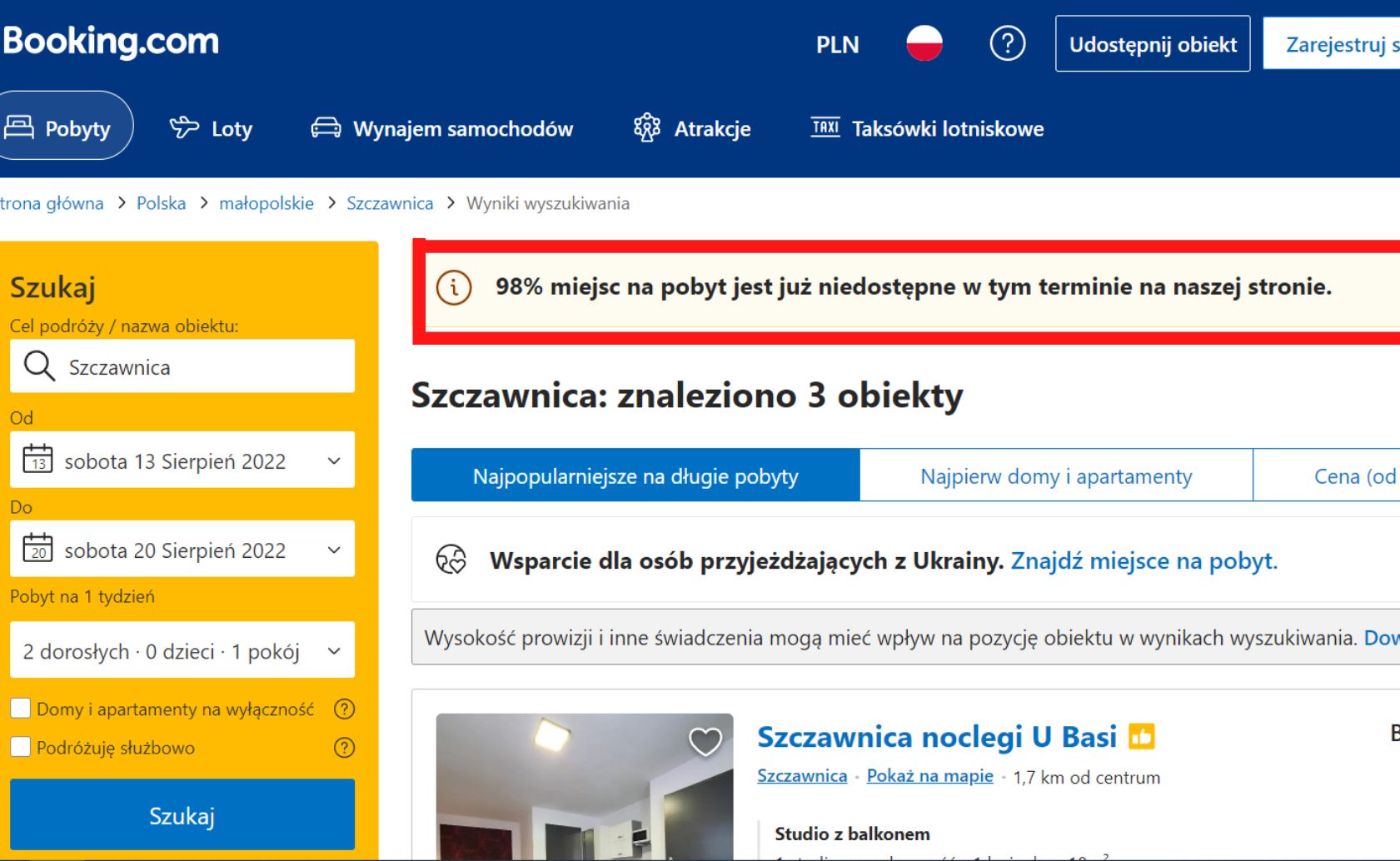 W Szczawnicy 98 proc. miejsc jest zajętych