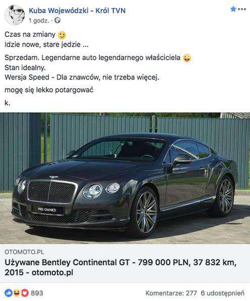 Kuba Wojewódzki sprzedaje samochód