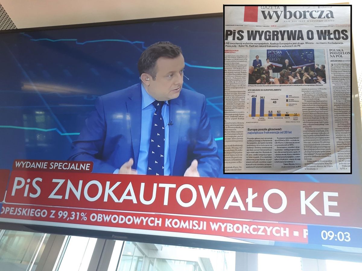 Wyniki wyborów do Parlamentu Europejskiego. W TVP i "Gazecie Wyborczej" dwie rzeczywistości